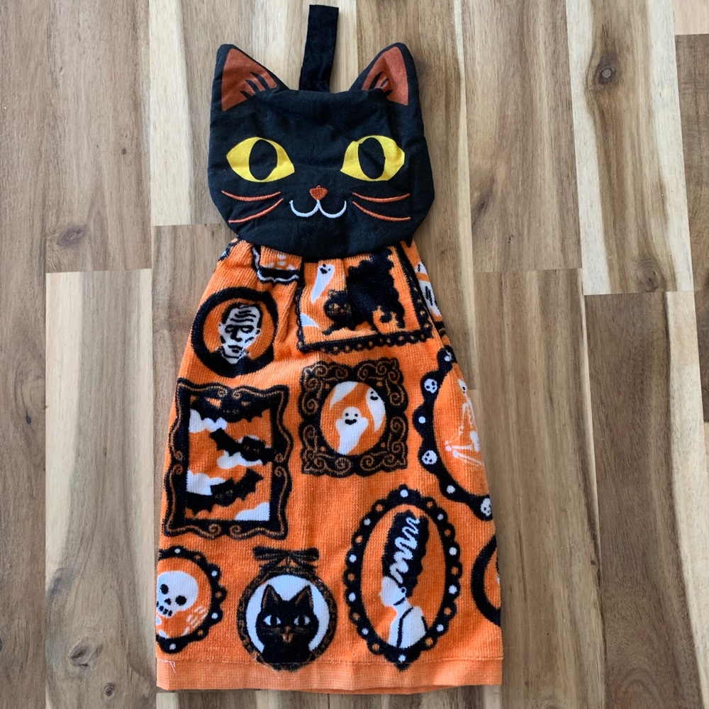 Halloween black cat orange Hanging kitchen towel hand towel NWOT